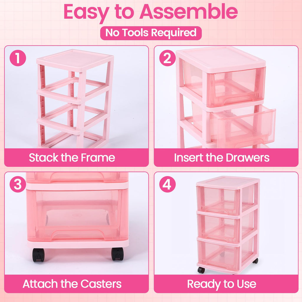 Pink 3-tier Plastic Storage Cart with Wheels J439