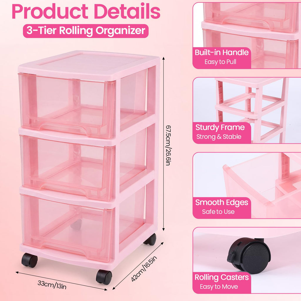 Pink 3-tier Plastic Storage Cart with Wheels J439