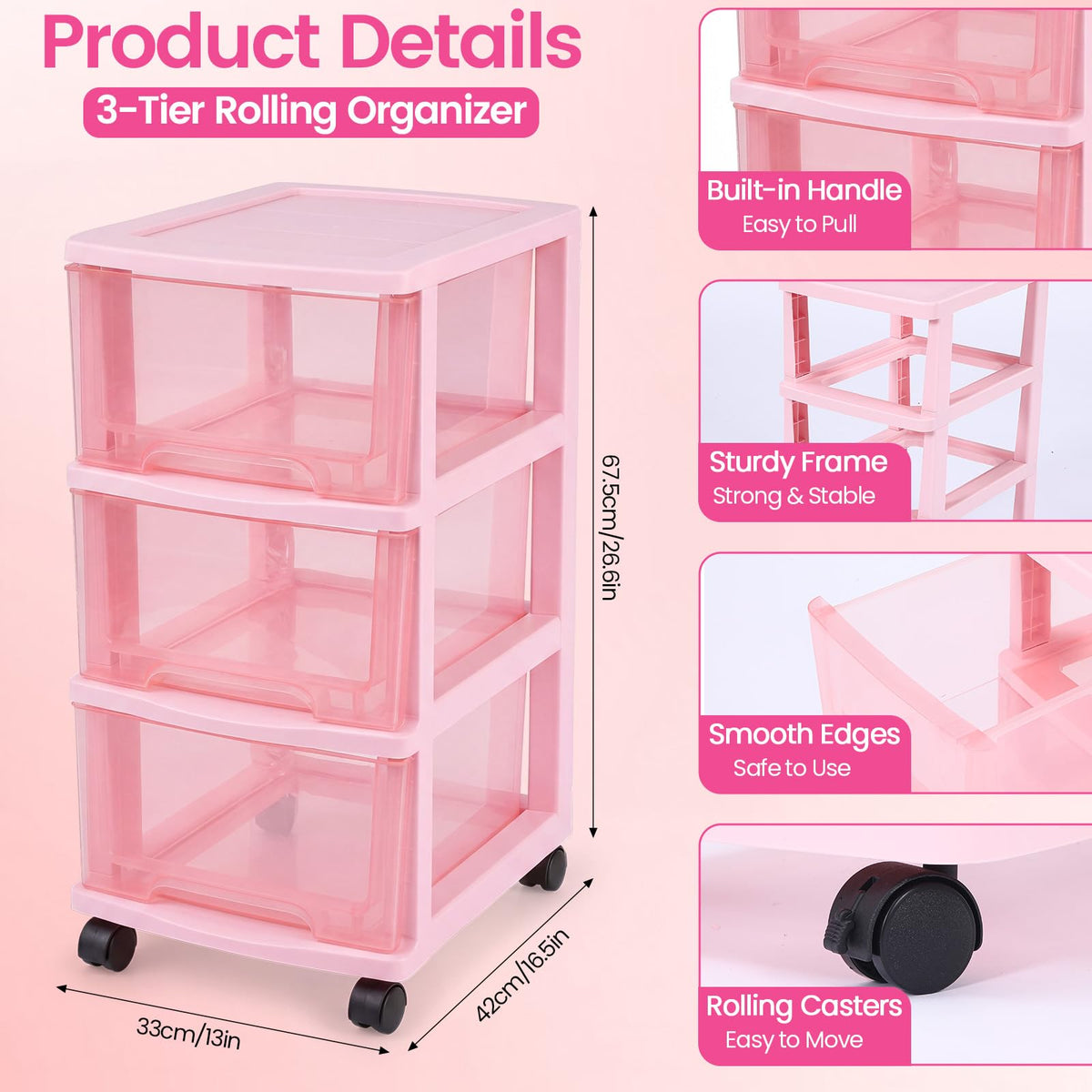 Pink 3-tier Plastic Storage Cart with Wheels J439