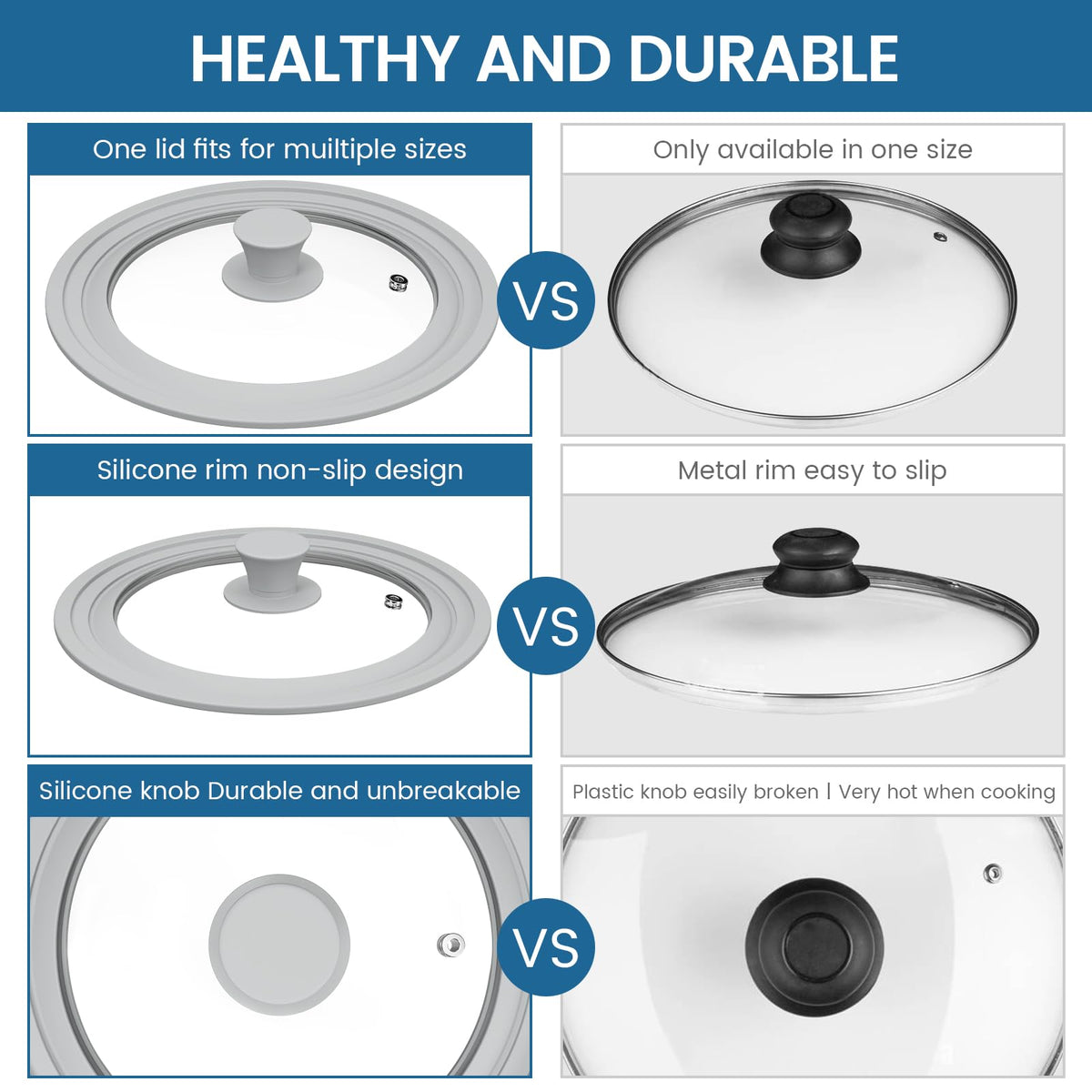 Tempered Glass Universal Lid with Silicone Rim Fits 8" 9" 9.5" Cookware Y772573
