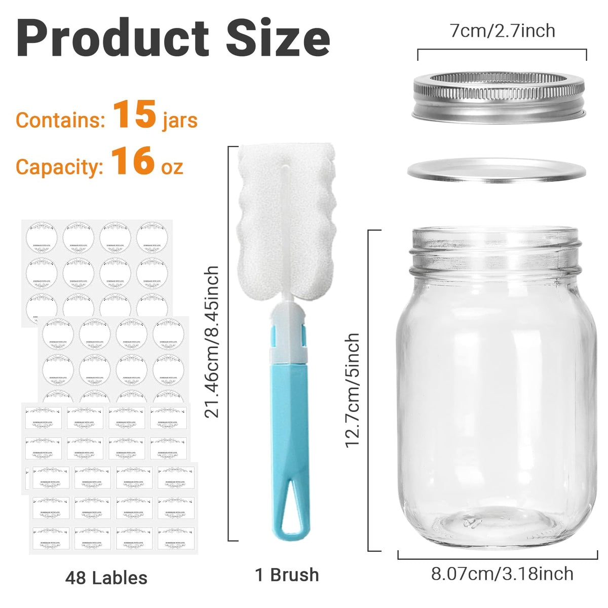 16 oz Clear Glass Mason Jars with Lids, 15 Pack K72988