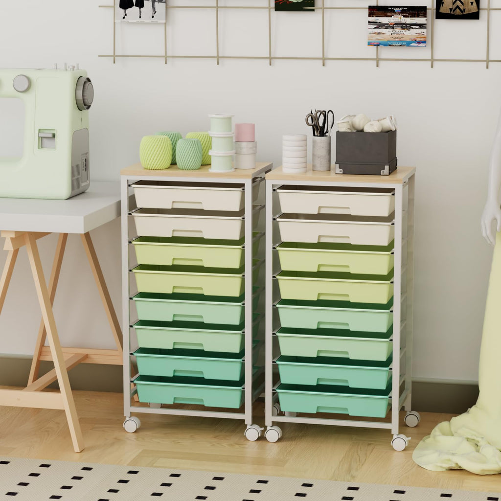 Rolling Storage Cart with 8 Drawers & Wooden Tabletop, Green, White G597257