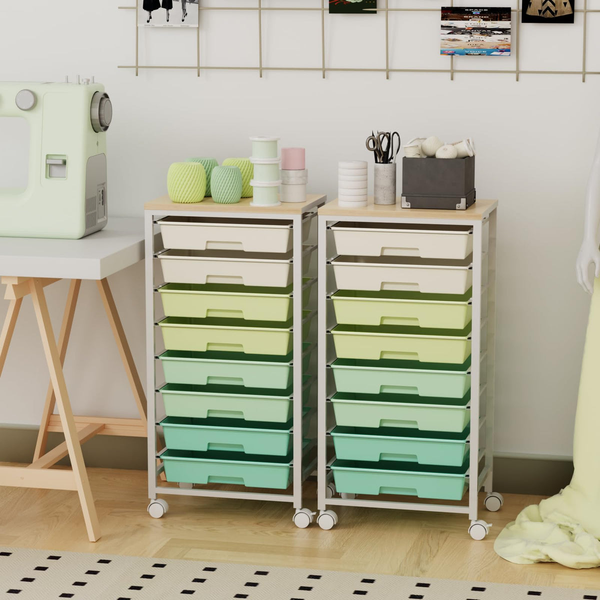 Rolling Storage Cart with 8 Drawers & Wooden Tabletop, Green, White G597257