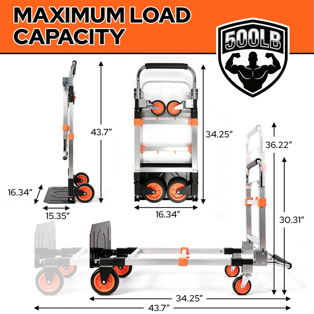 Folding Hand Truck Dolly Cart with Wheels, 500lb Load, Silver Orange O961