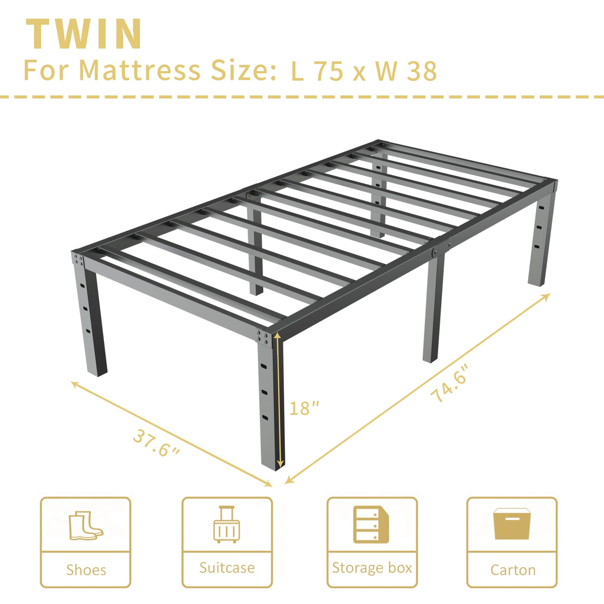 18 Inch Metal Twin Bed Frame Heavy Duty Noise Free S476