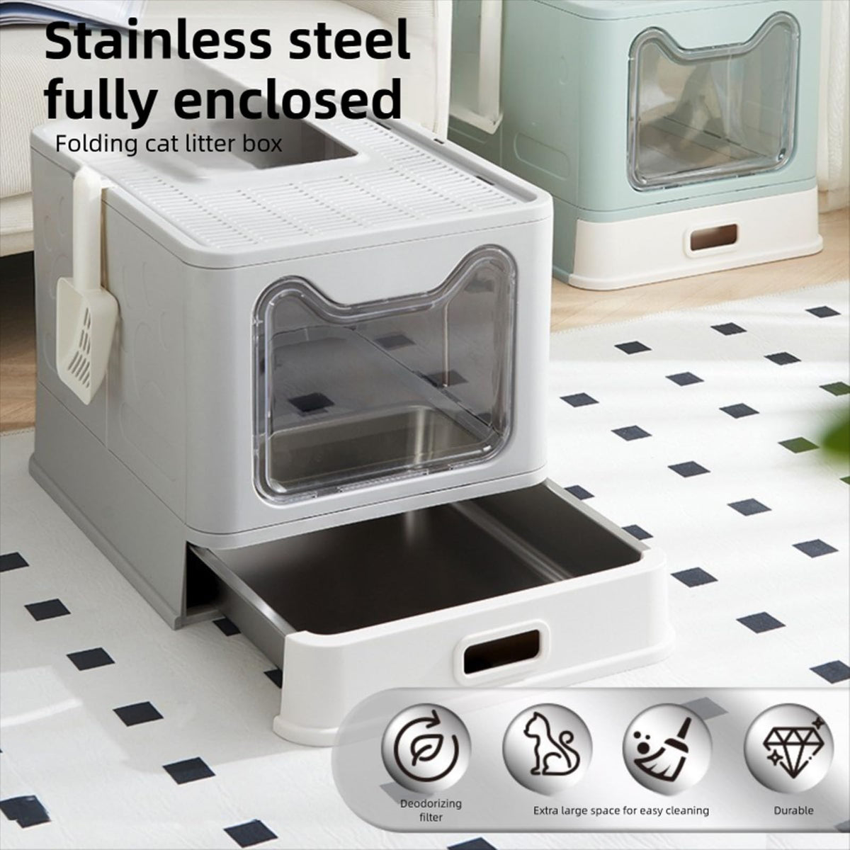 Foldable Stainless Steel Enclosed Cat Litter Box with Lid and Scoop Q8320