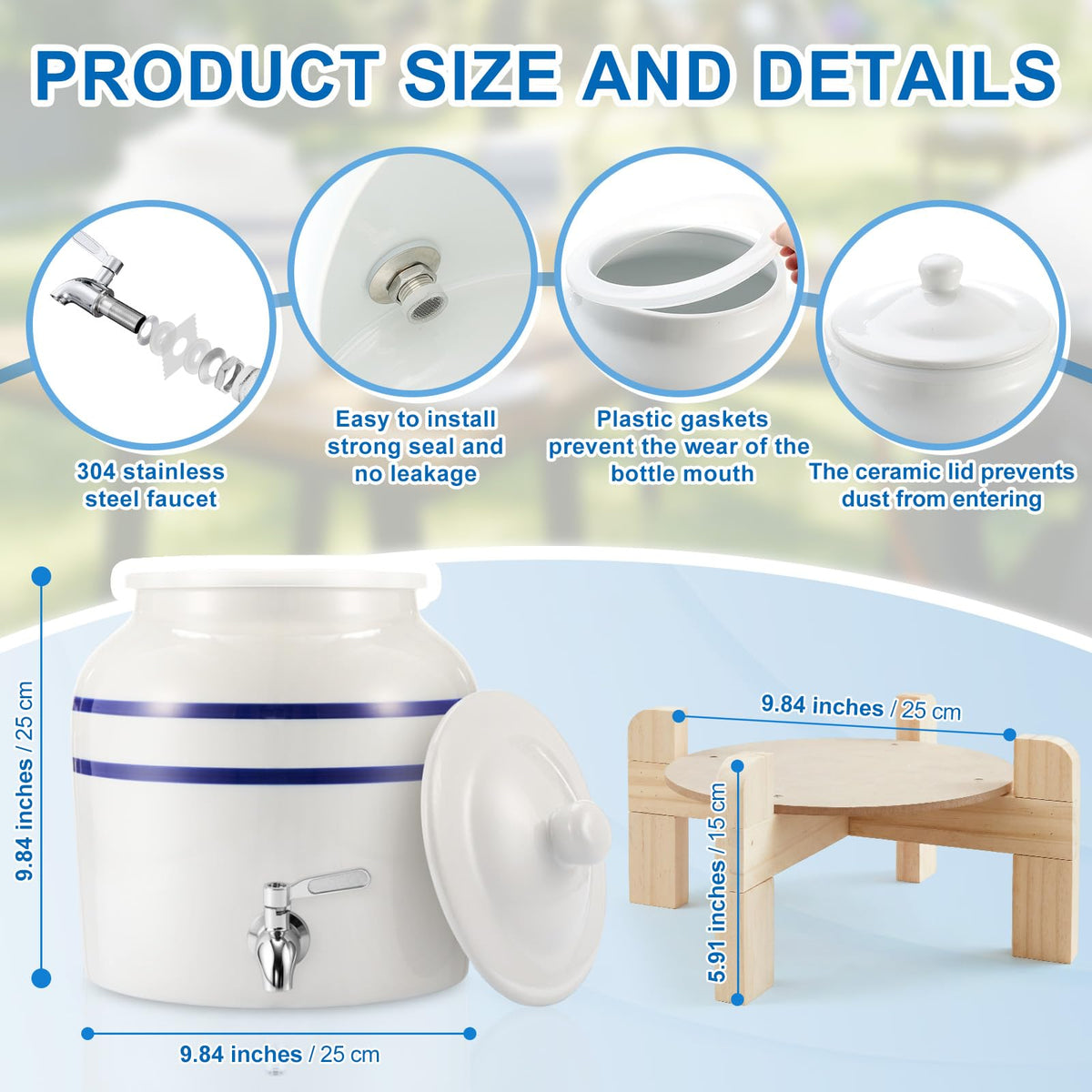 Ceramic Water Dispenser with Wood Stand and Stainless Steel Faucet Q840749