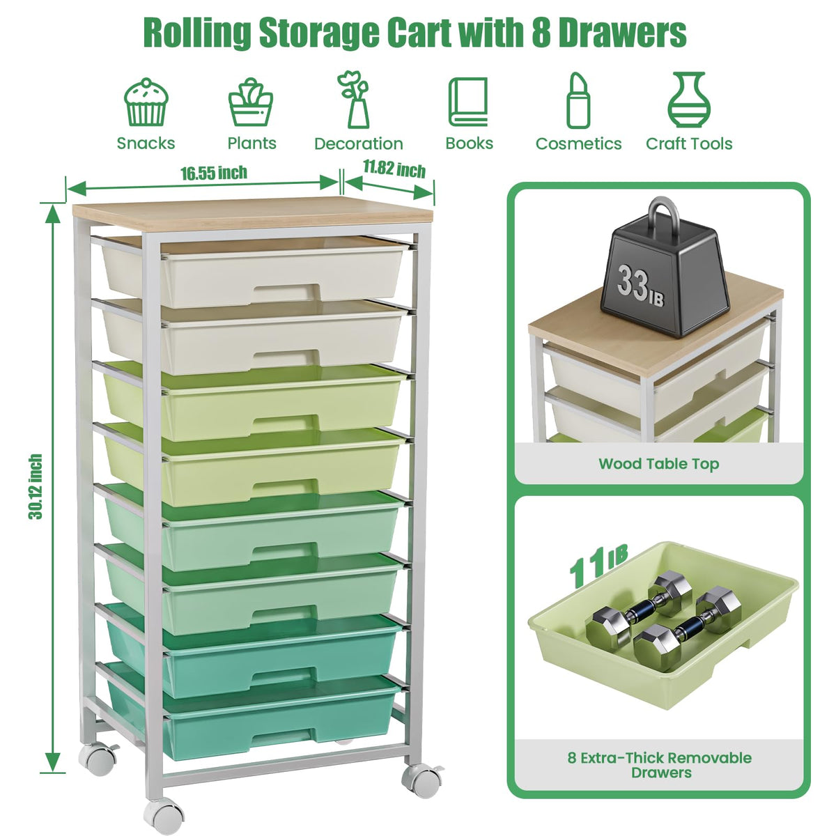 Rolling Storage Cart with 8 Drawers & Wooden Tabletop, Green, White G597257
