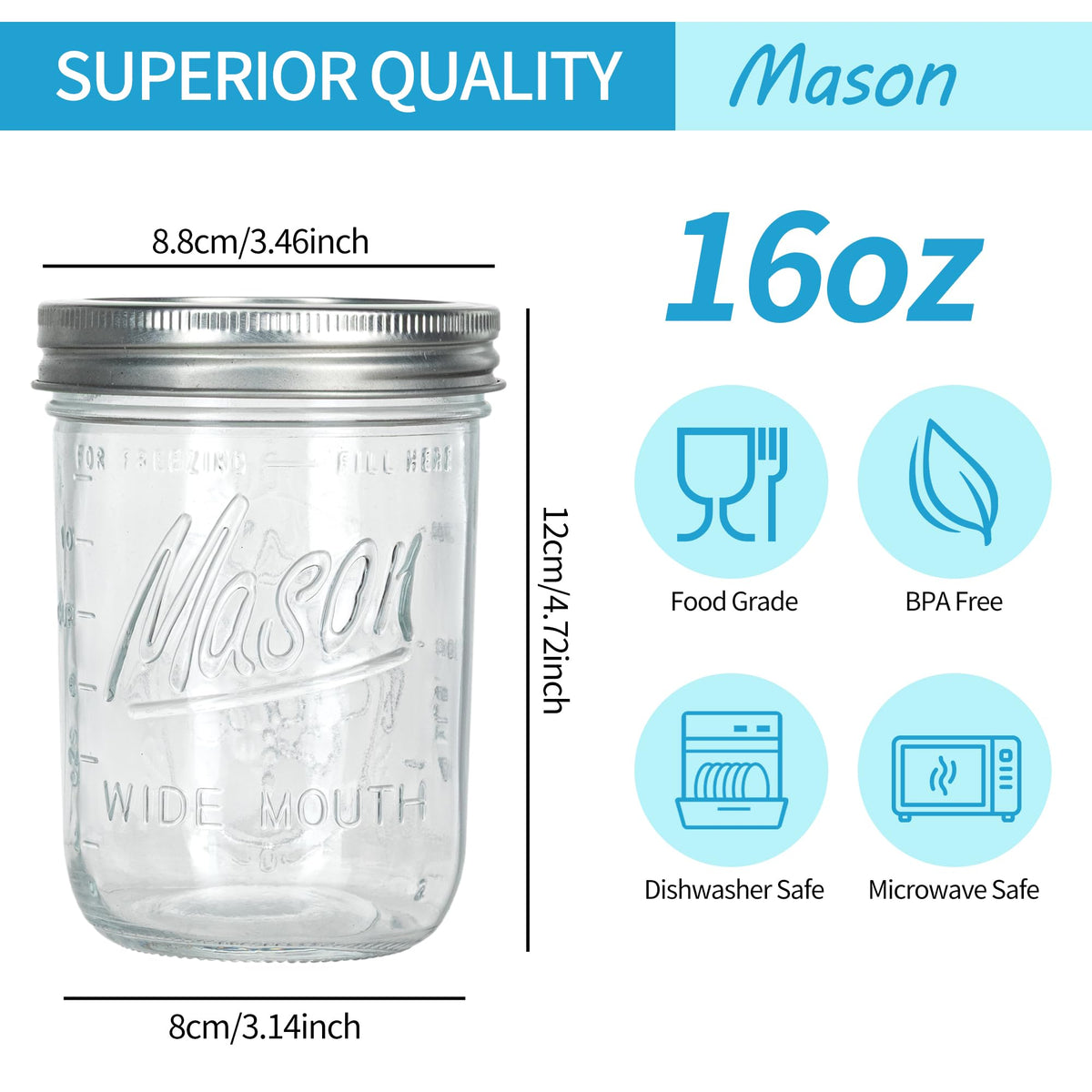 16 oz Wide Mouth Glass Mason Jars with Lids 8 Pack O1760