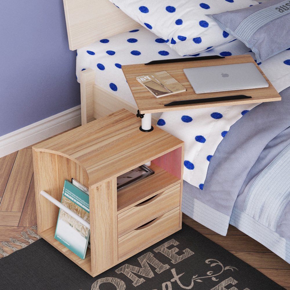23.6in Rolling Nightstand with 2 Drawers and Shelf Oak N95466