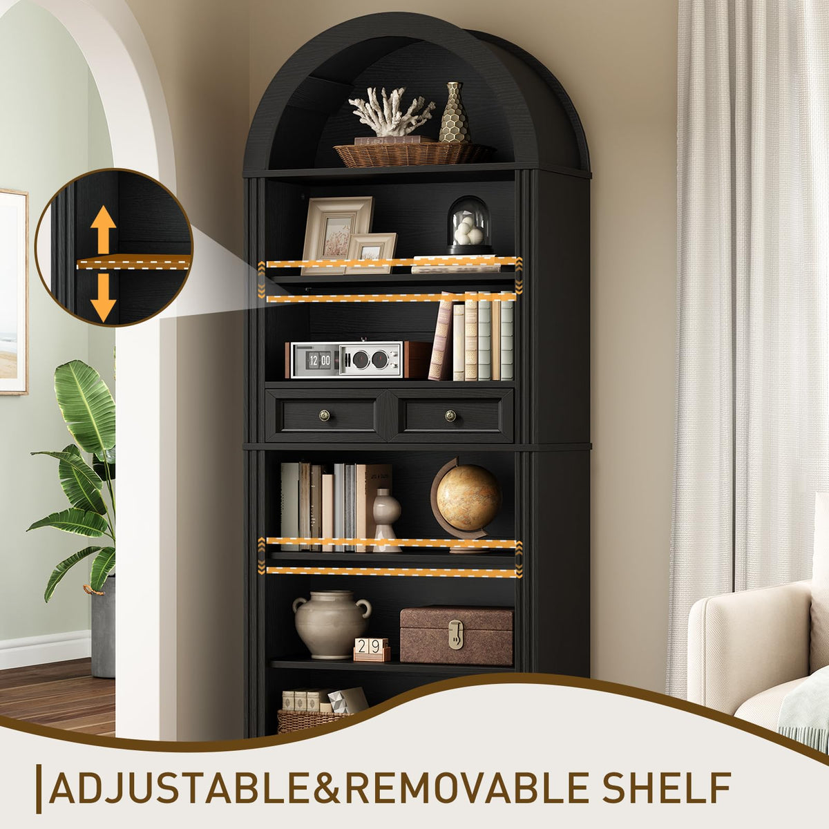 73" Tall Black 6-Tier Wood Bookshelf with Drawer P96476