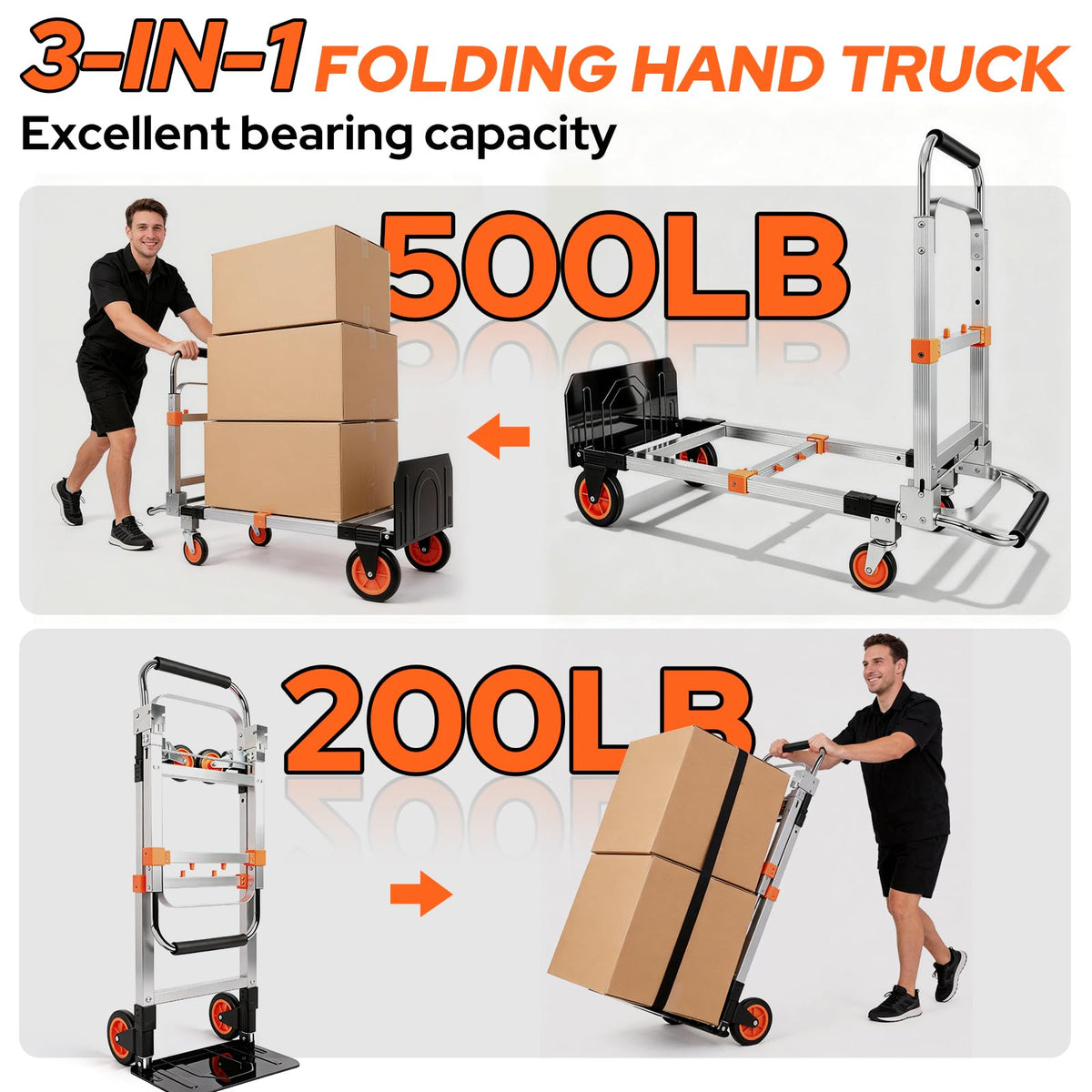 Folding Hand Truck Dolly Cart with Wheels, 500lb Load, Silver Orange O961