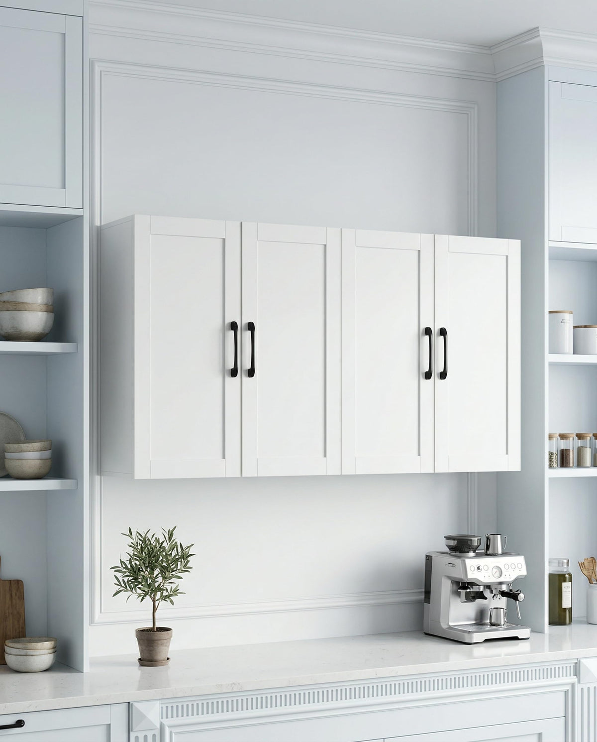 White Wall Cabinet with Adjustable Shelves and 4 Doors U2195