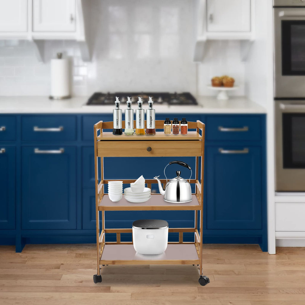 3-Tier Bamboo Rolling Kitchen Cart with Drawer O180011