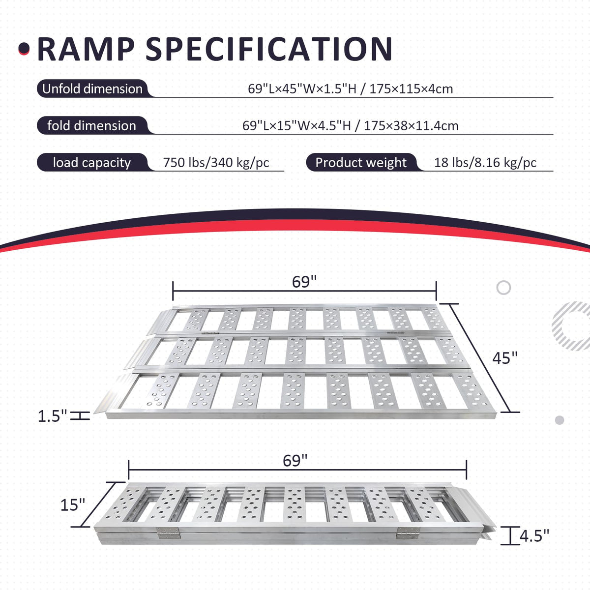 Full Width Aluminum Tri-Fold Loading Ramps with Treads K10265