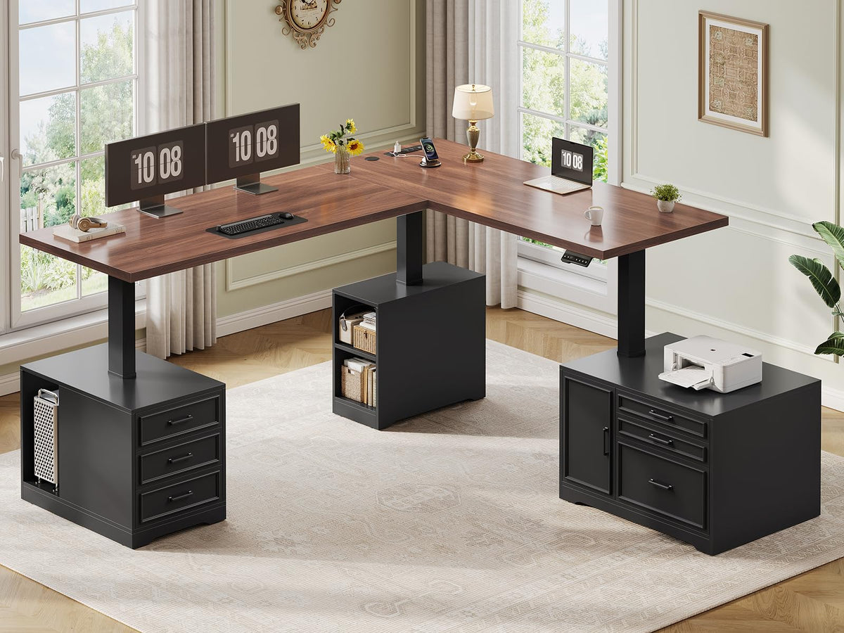 L Shaped Black Electric Standing Desk with 6 Drawers E9142