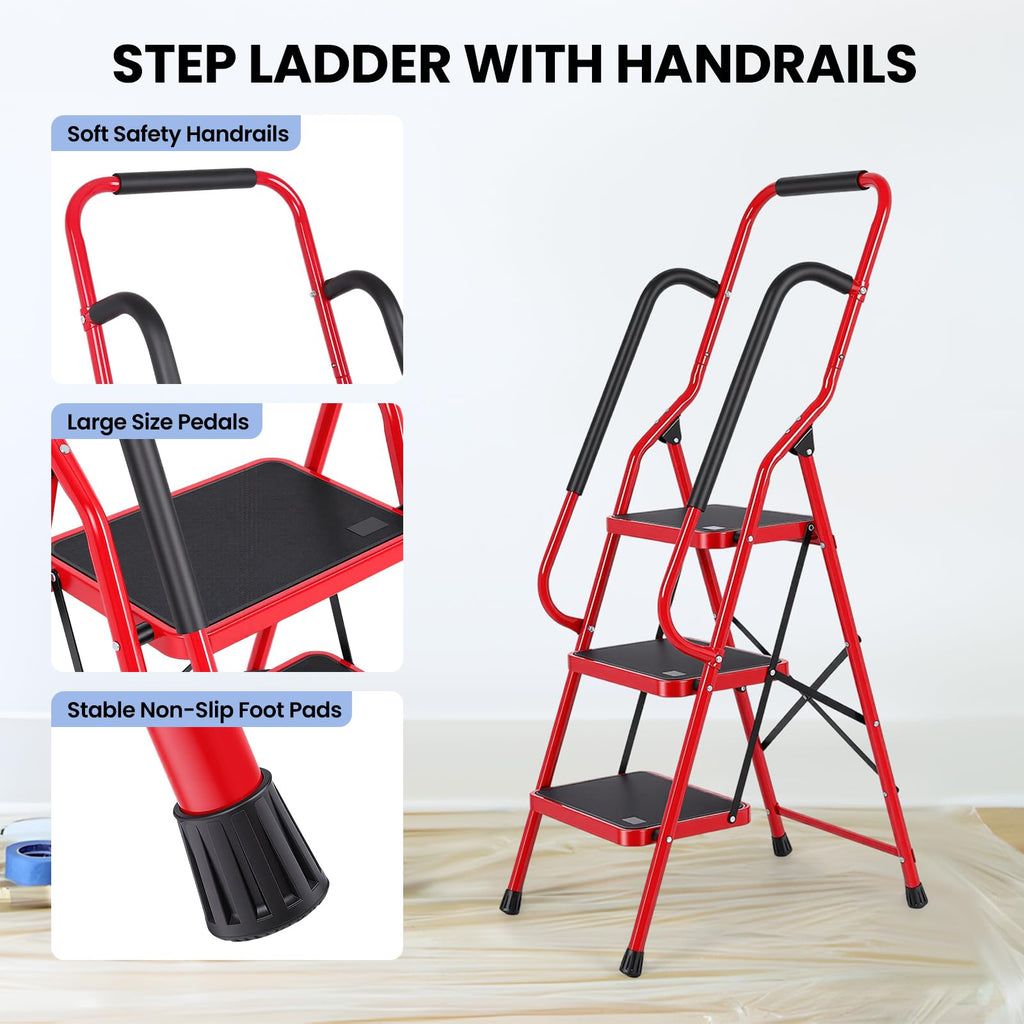 3 Step Folding Steel Step Ladder with Handrails N382368