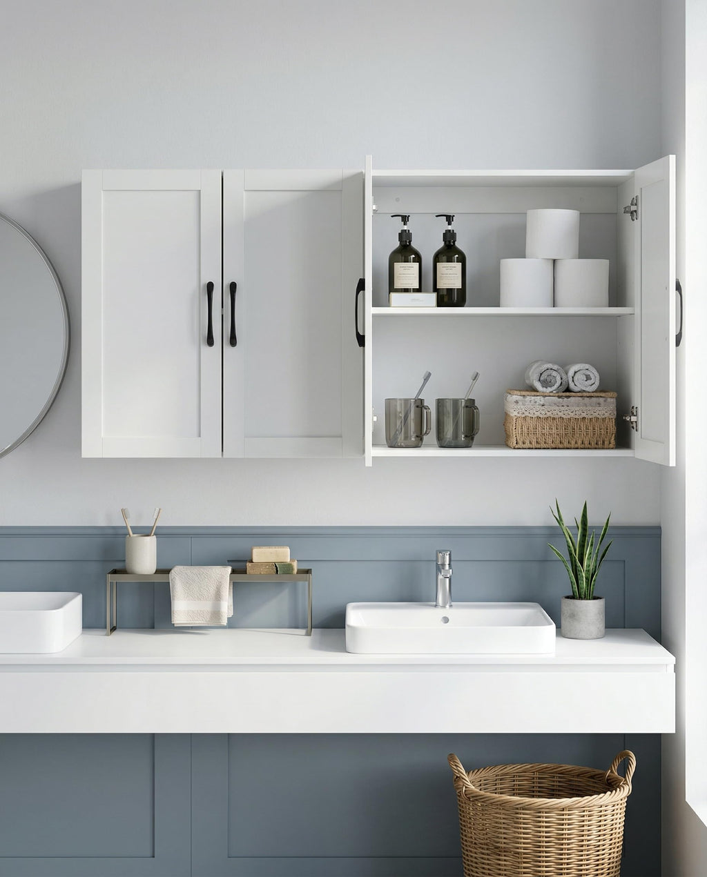 White Wall Cabinet with Adjustable Shelves and 4 Doors U2195