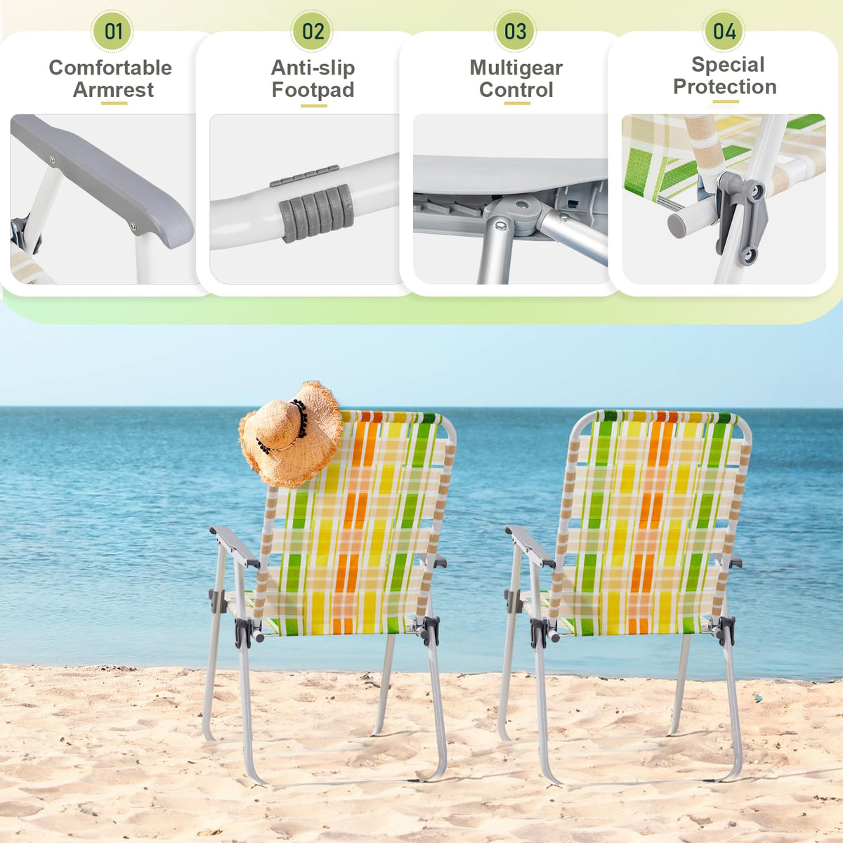 Set of 2 Webbed Folding Beach Chairs Yellow & Green C335681