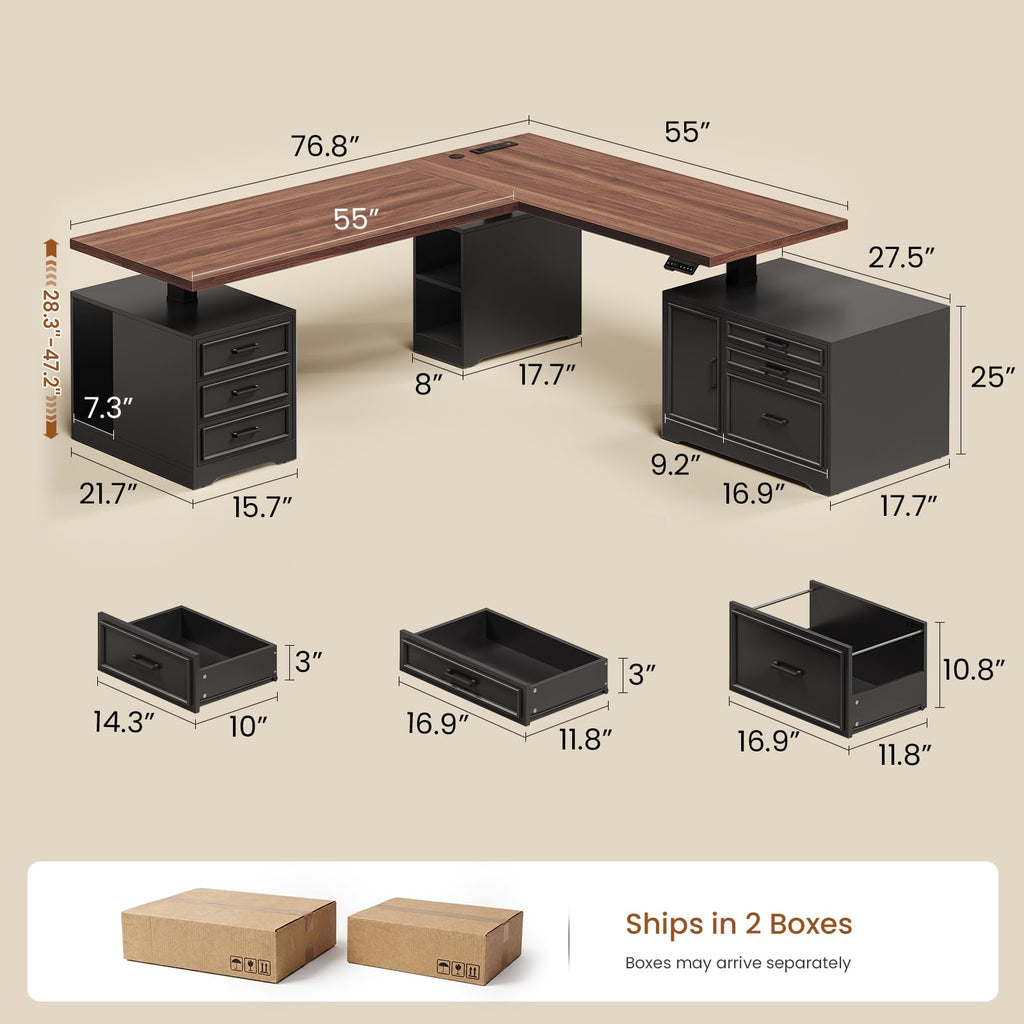 L Shaped Black Electric Standing Desk with 6 Drawers E9142