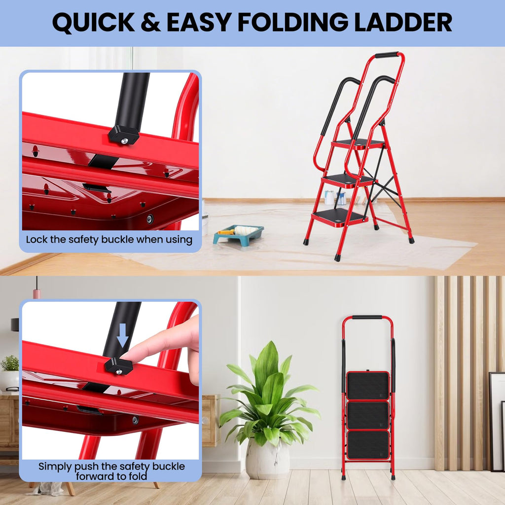 3 Step Folding Steel Step Ladder with Handrails N382368