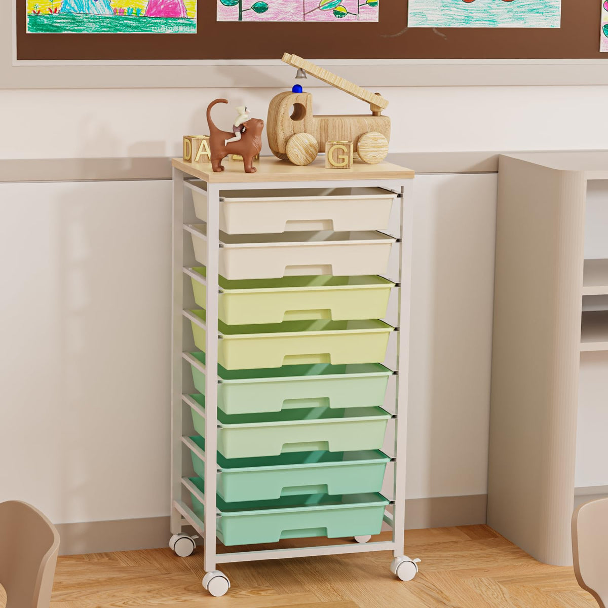 Rolling Storage Cart with 8 Drawers & Wooden Tabletop, Green, White G597257
