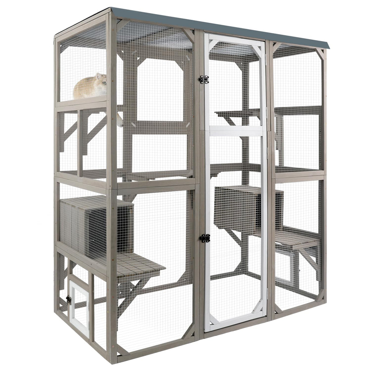 Large Wooden Outdoor Cat Catio Enclosure with 2 Doors, 2 Resting Rooms, 5 Platforms U22433