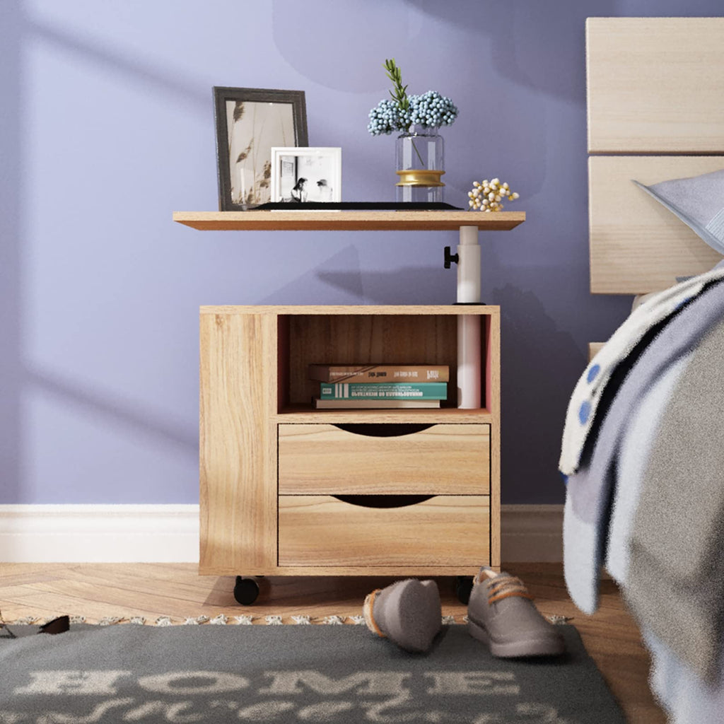 23.6in Rolling Nightstand with 2 Drawers and Shelf Oak N95466