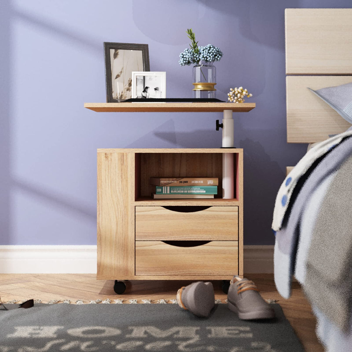 23.6in Rolling Nightstand with 2 Drawers and Shelf Oak N95466