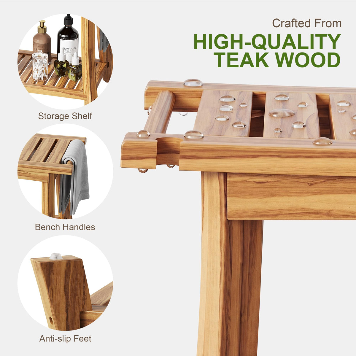 24" Teak Shower Bench with Handles & Towel Shelf D143