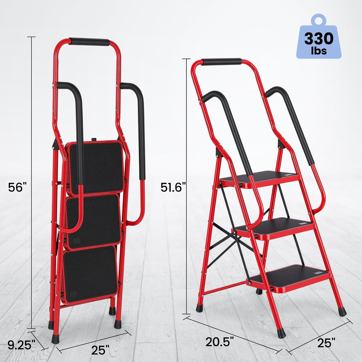 3 Step Folding Steel Step Ladder with Handrails N382368