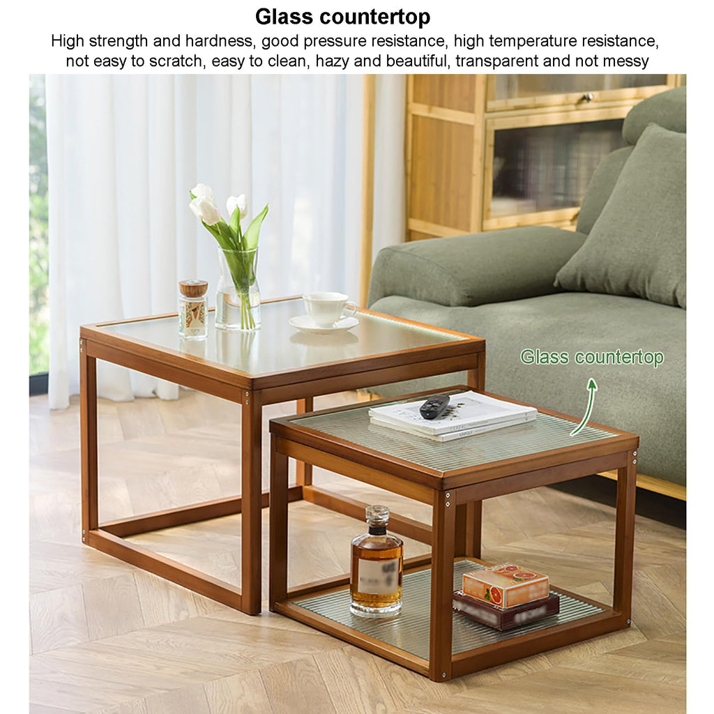 Square Glass Nesting Coffee Tables Set of 2 with Bamboo Frame D529934