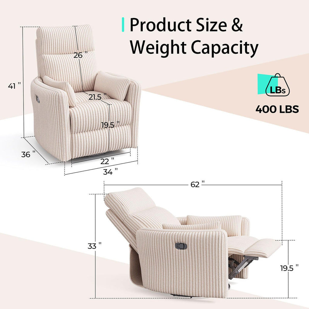 360 Swivel Recliner Chair with 2 Pillows Beige Corduroy G55016