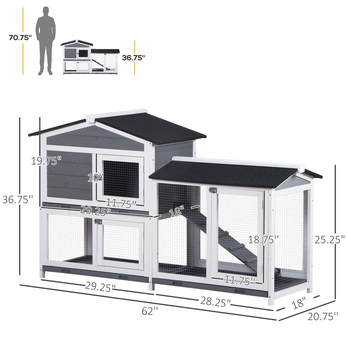 Gray 2-Tier Wooden Rabbit Hutch with Removable Tray O580701