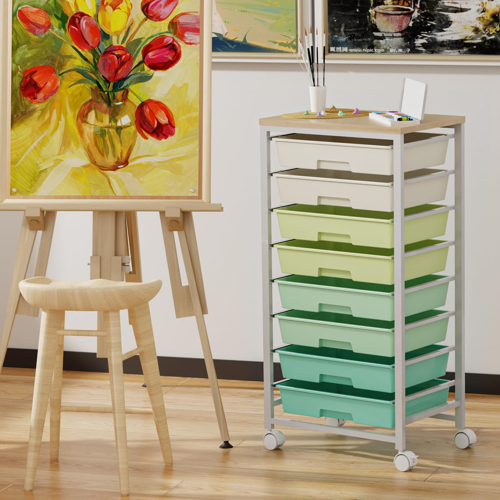 Rolling Storage Cart with 8 Drawers & Wooden Tabletop, Green, White G597257