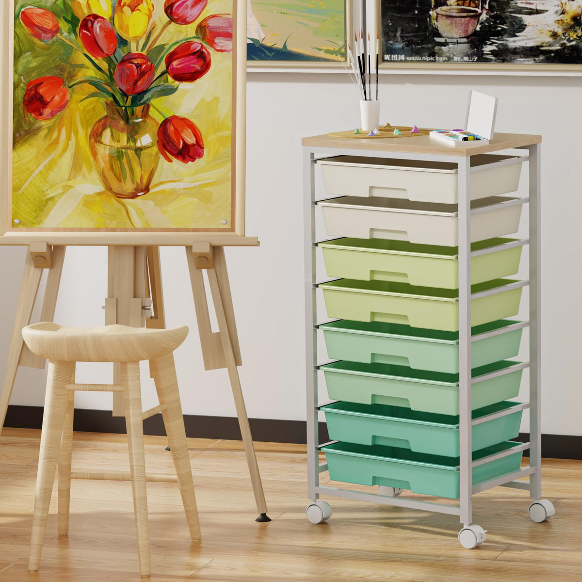 Rolling Storage Cart with 8 Drawers & Wooden Tabletop, Green, White G597257