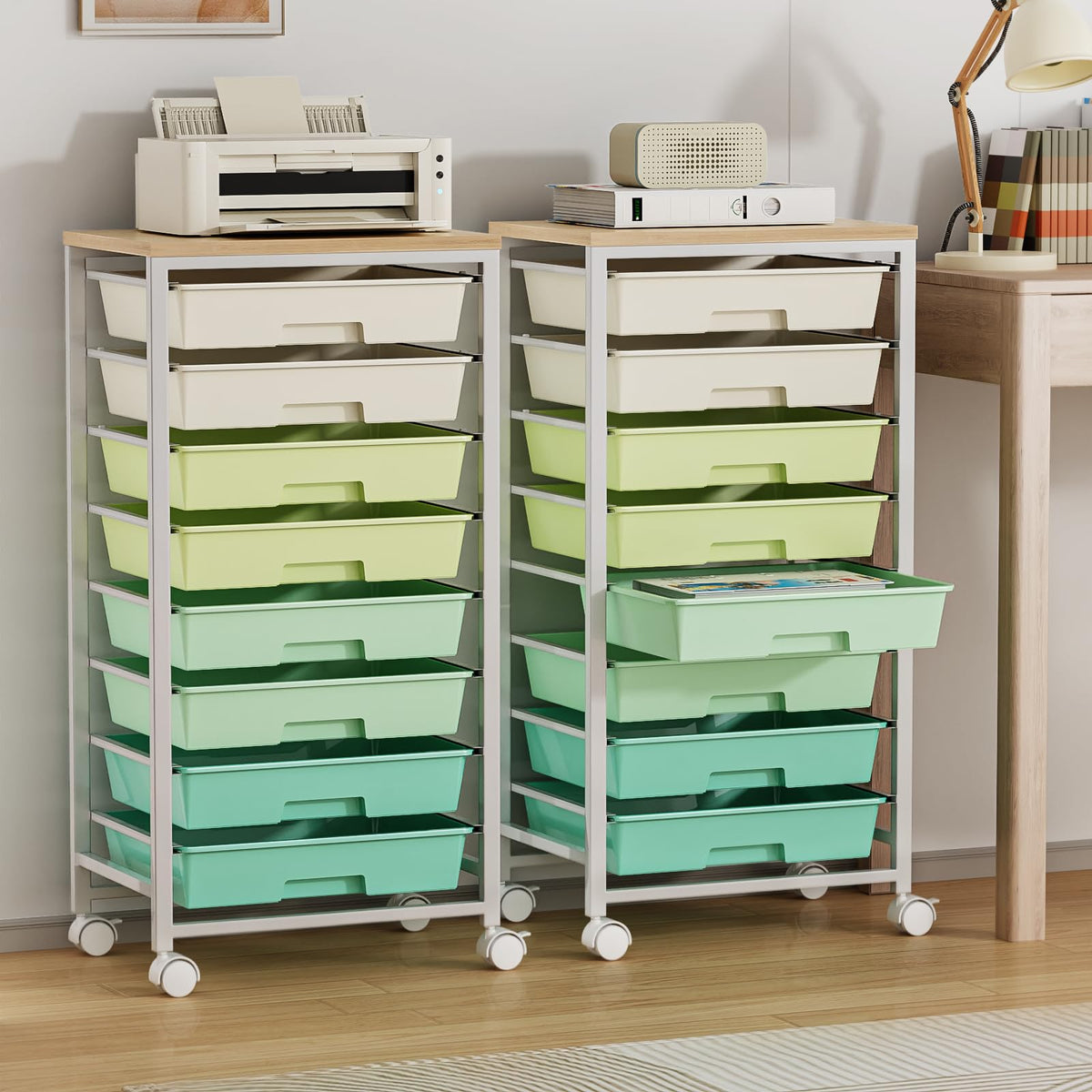 Rolling Storage Cart with 8 Drawers & Wooden Tabletop, Green, White G597257