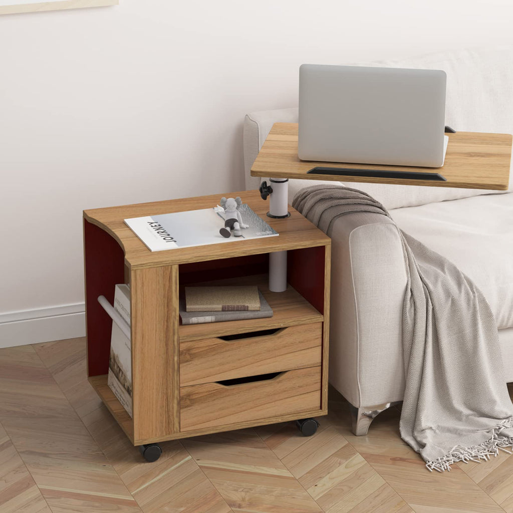 23.6in Rolling Nightstand with 2 Drawers and Shelf Oak N95466