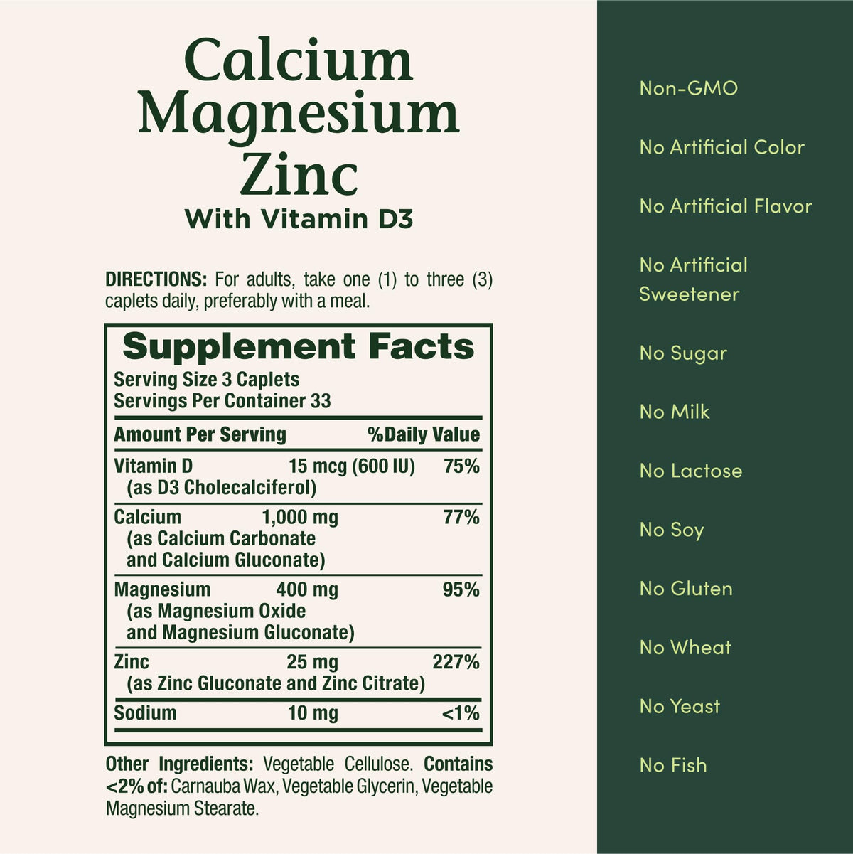 Calcium Magnesium & Zinc Caplets 100 Count K8916