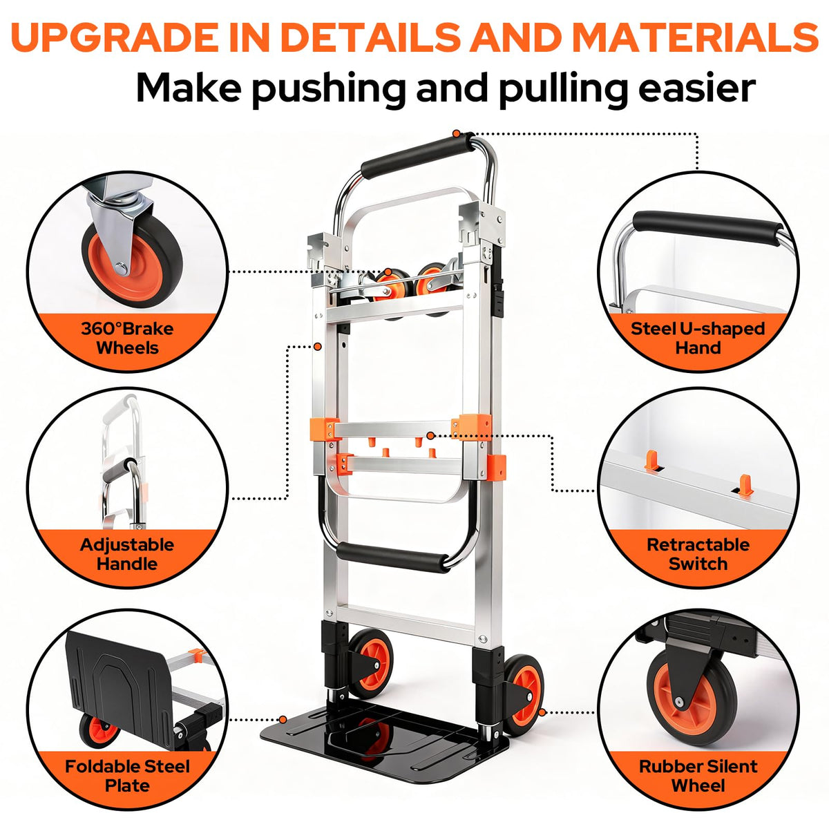 Folding Hand Truck Dolly Cart with Wheels, 500lb Load, Silver Orange O961