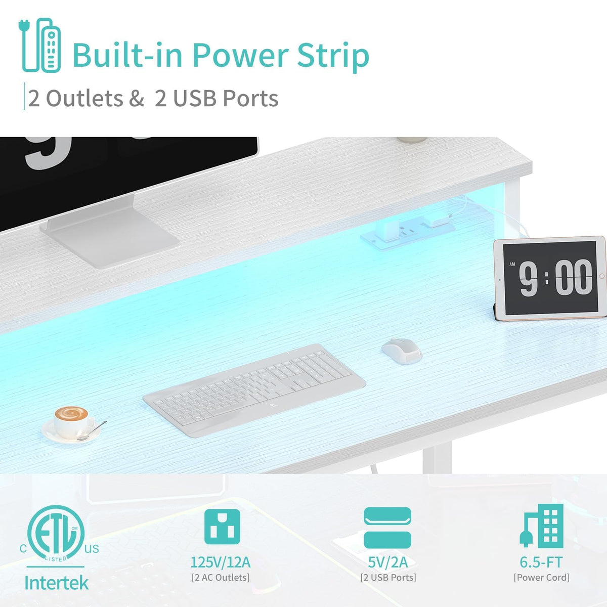 White 40 Inch Computer Desk with LED Lights and Power Outlets O8156