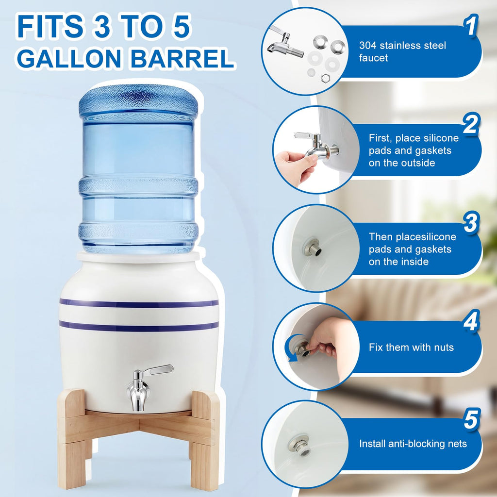 Ceramic Water Dispenser with Wood Stand and Stainless Steel Faucet Q840749
