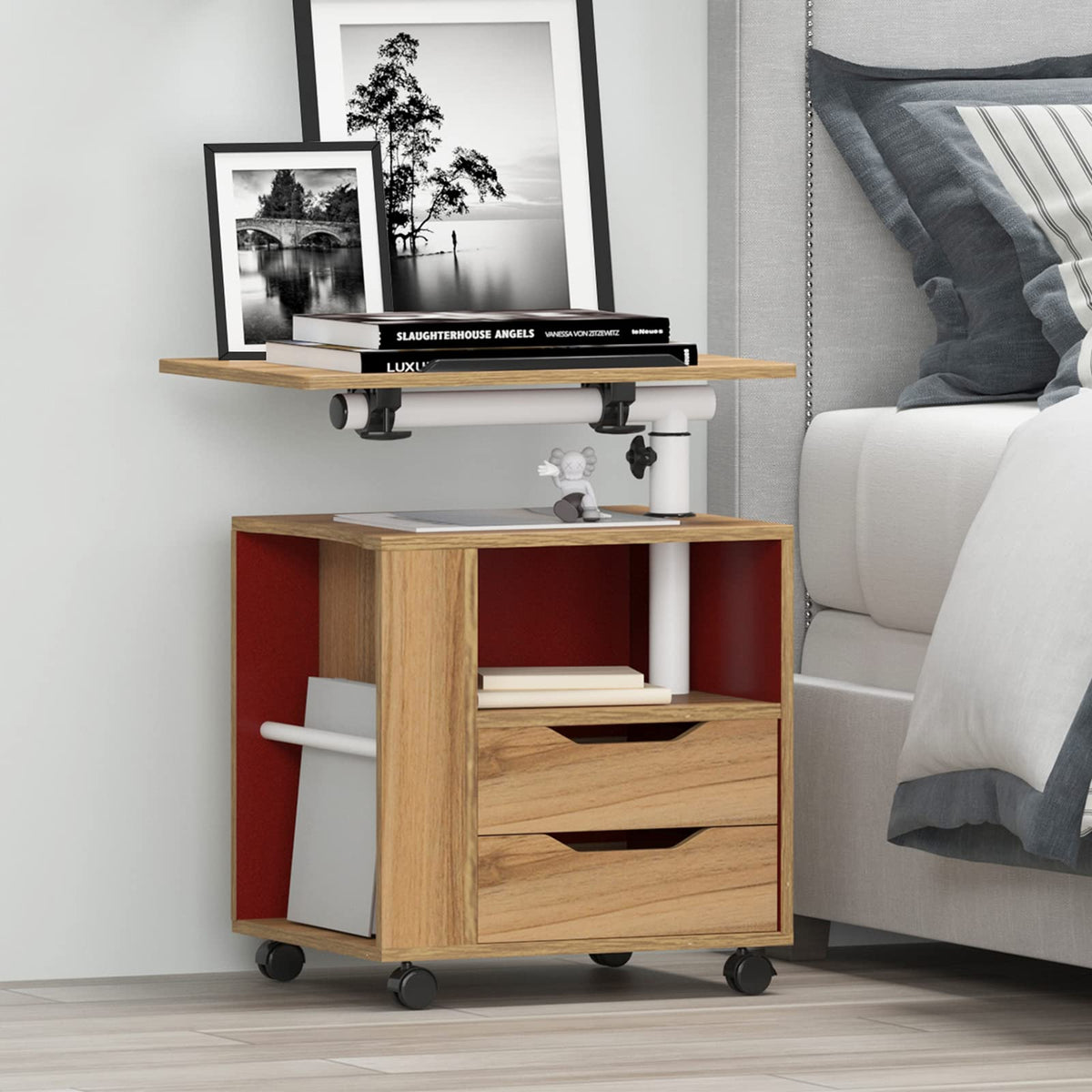 23.6in Rolling Nightstand with 2 Drawers and Shelf Oak N95466