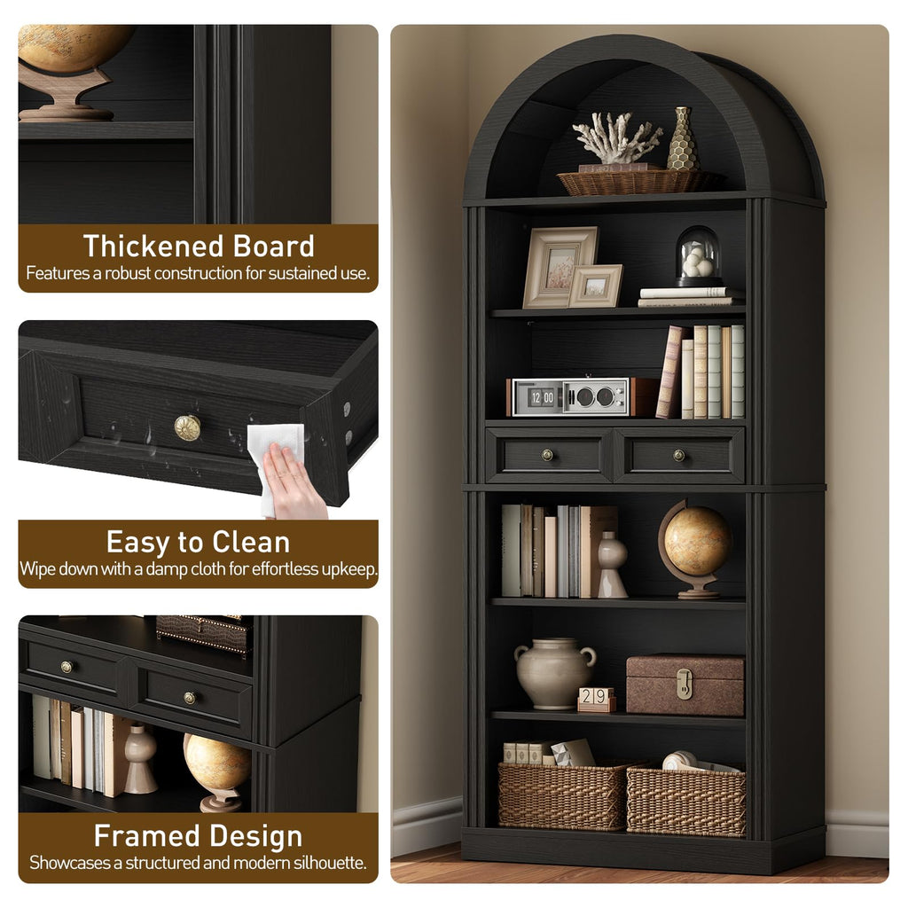 73" Tall Black 6-Tier Wood Bookshelf with Drawer P96476