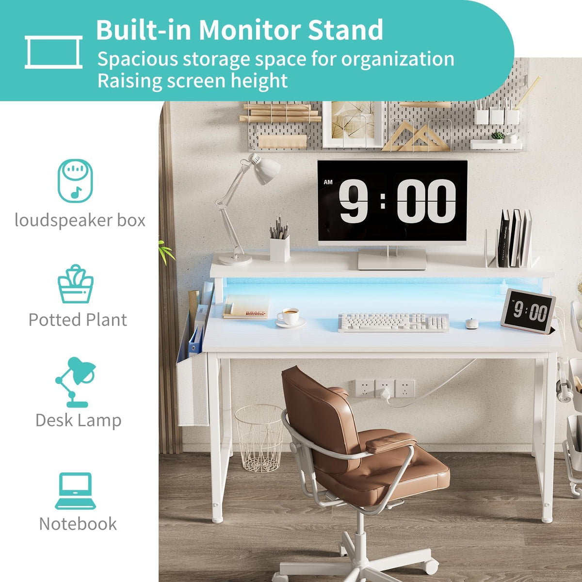 White 40 Inch Computer Desk with LED Lights and Power Outlets O8156