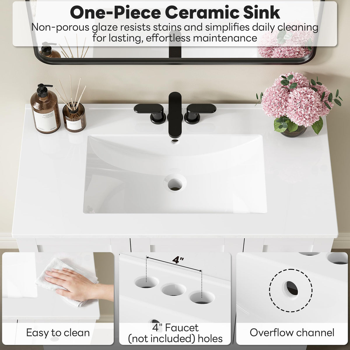 36" White Bathroom Vanity with Sink, 2 Soft-Close Drawers & Doors T815