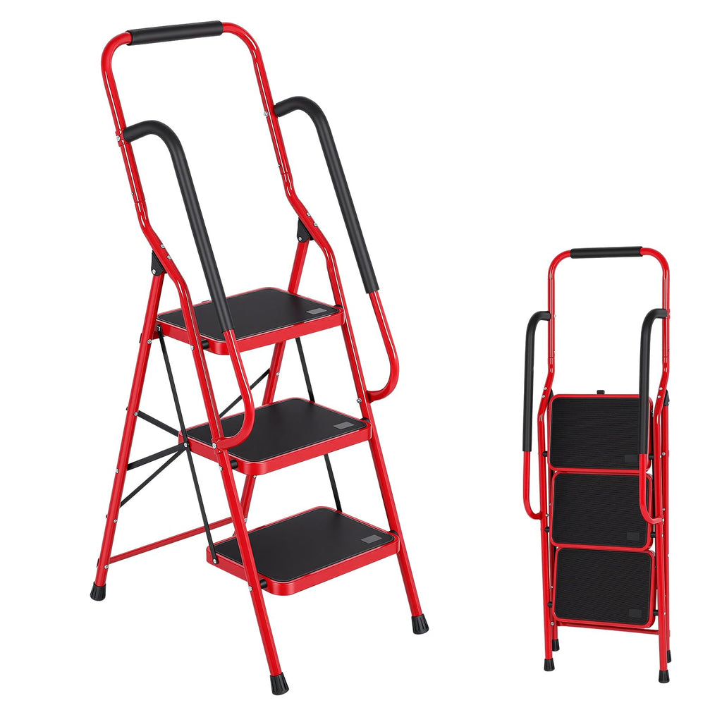 3 Step Folding Steel Step Ladder with Handrails N382368