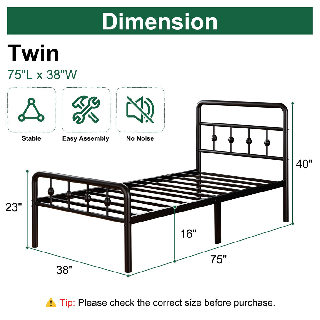 16 Inch Twin Metal Platform Bed with Headboard and Footboard T80257