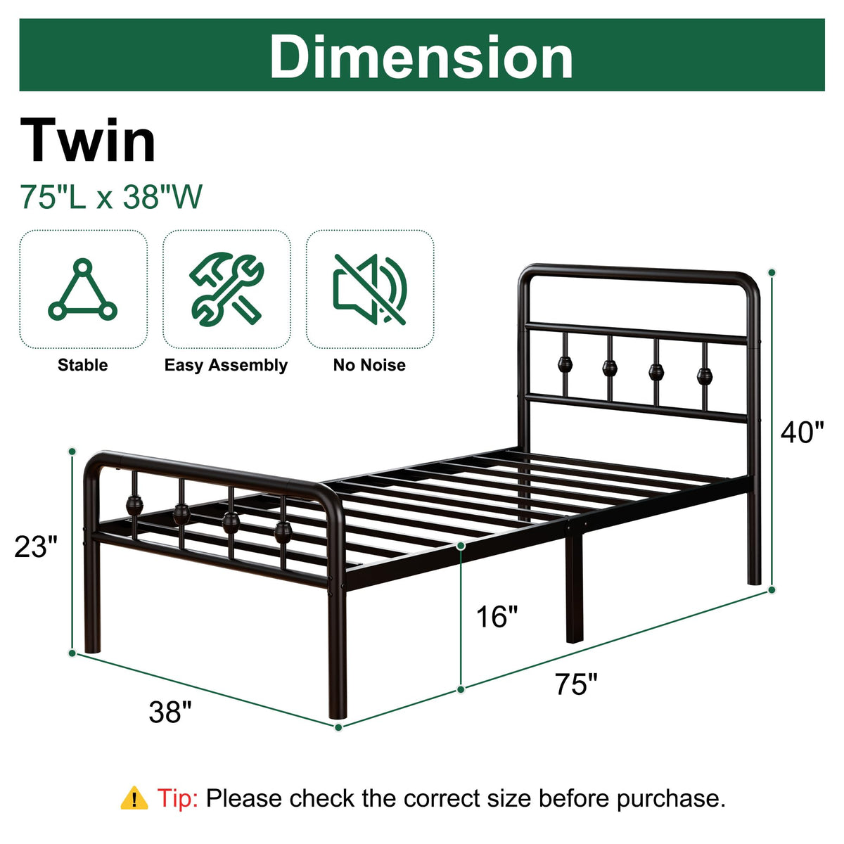 16 Inch Twin Metal Platform Bed with Headboard and Footboard T80257