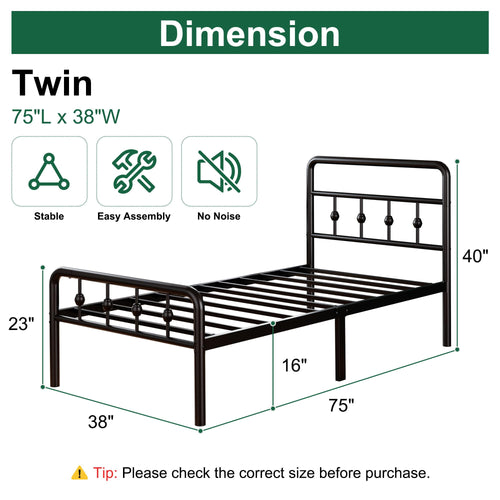 16 Inch Twin Metal Platform Bed with Headboard and Footboard T80257